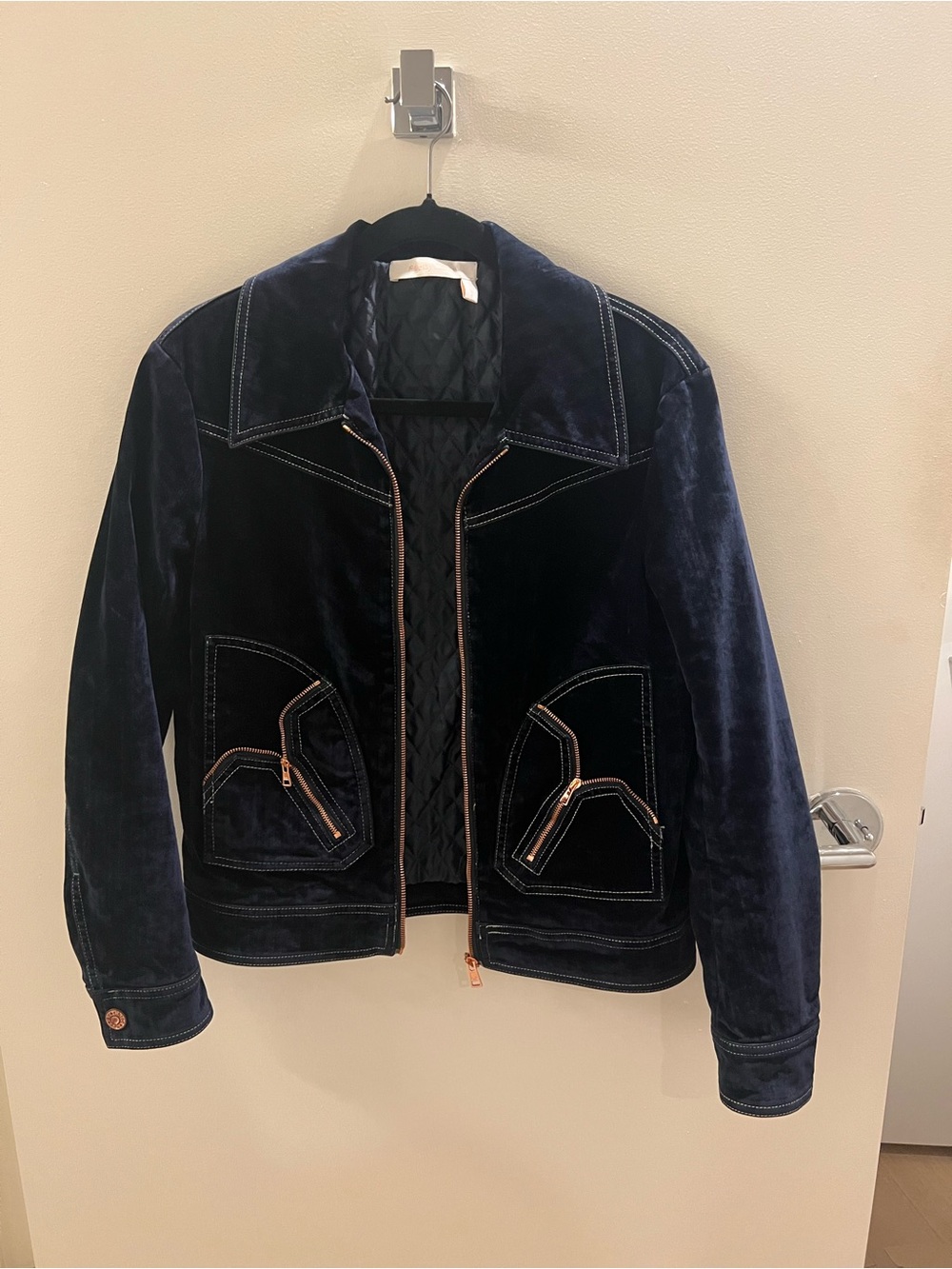 See By Chloe Blue Velvet Biker Jacket Coat [Size 34]